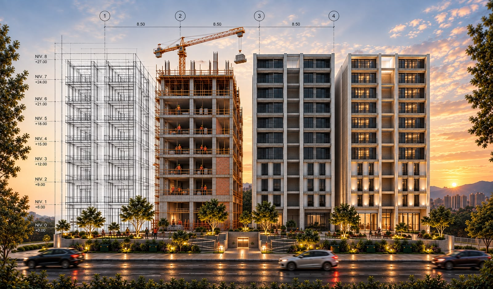 Evolución de un desarrollo vertical desde el plano arquitectónico y la construcción hasta el edificio terminado